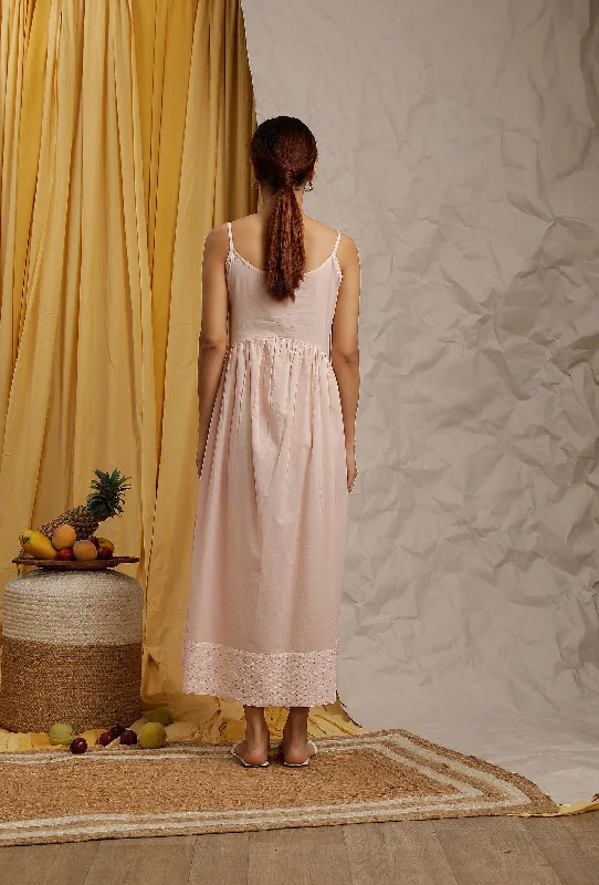 Baby Pink Cotton Schiffli Gathered Slip Dress