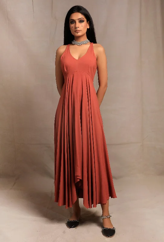 Burnt Brick Sleeveless Asymmetrical Dress