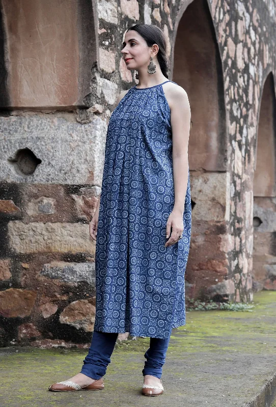 Druti Indigo Printed Flared Kurta Dress