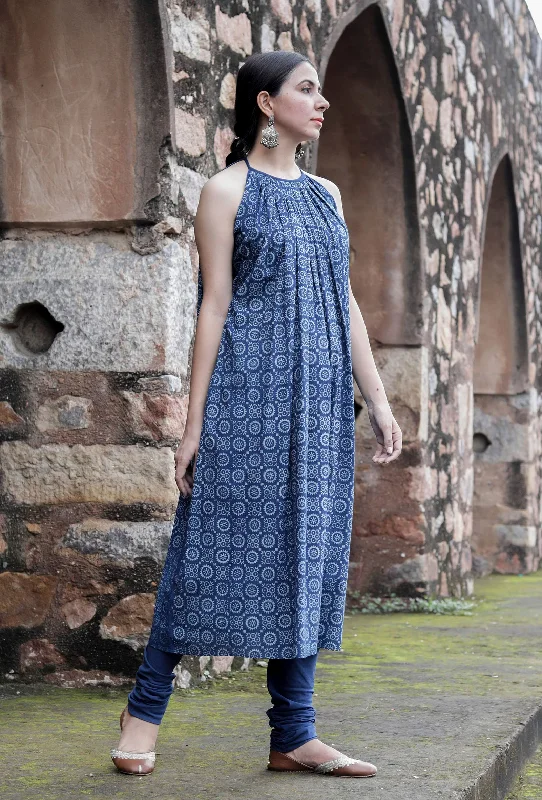 Druti Indigo Printed Flared Kurta Dress