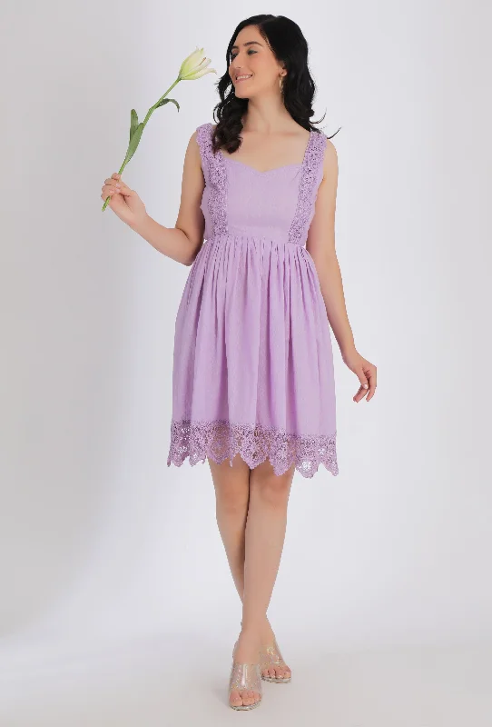 Lilac Gathered Short Dress With Lacework & Back Tie-Up Detailing