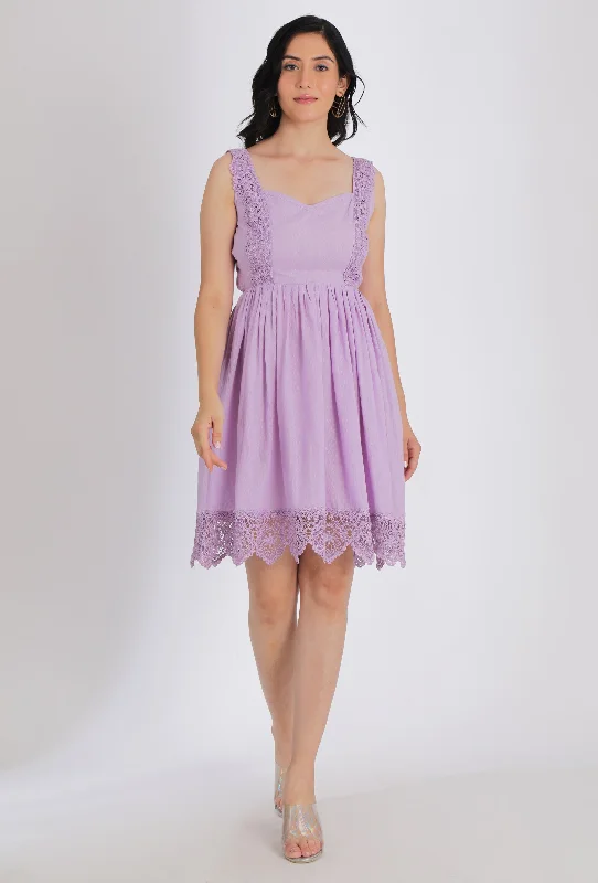 Lilac Gathered Short Dress With Lacework & Back Tie-Up Detailing