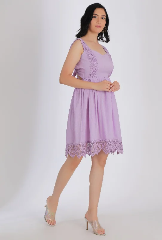 Lilac Gathered Short Dress With Lacework & Back Tie-Up Detailing