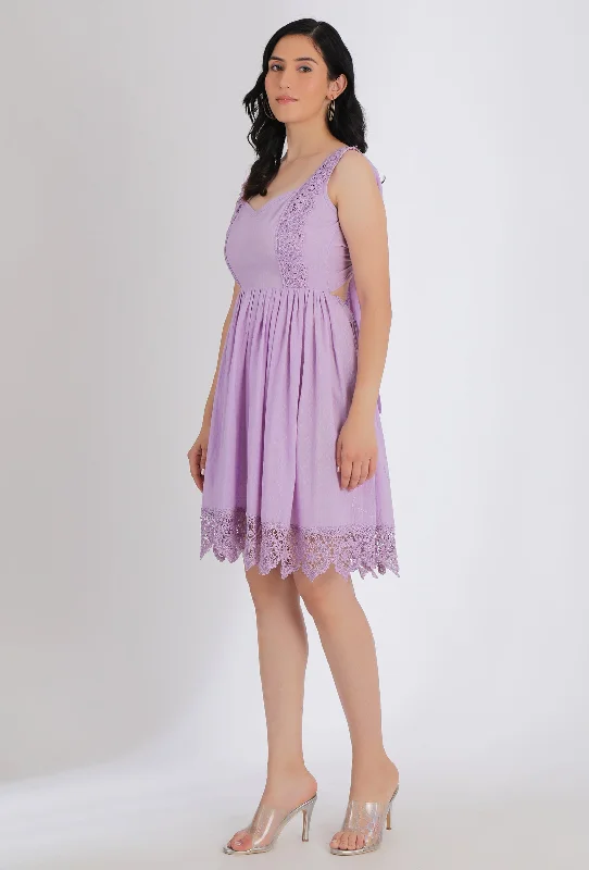 Lilac Gathered Short Dress With Lacework & Back Tie-Up Detailing