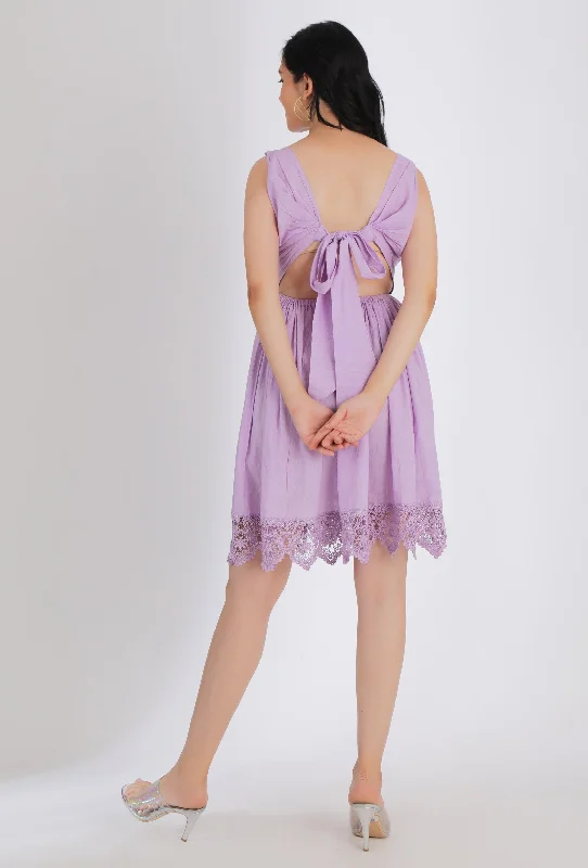 Lilac Gathered Short Dress With Lacework & Back Tie-Up Detailing