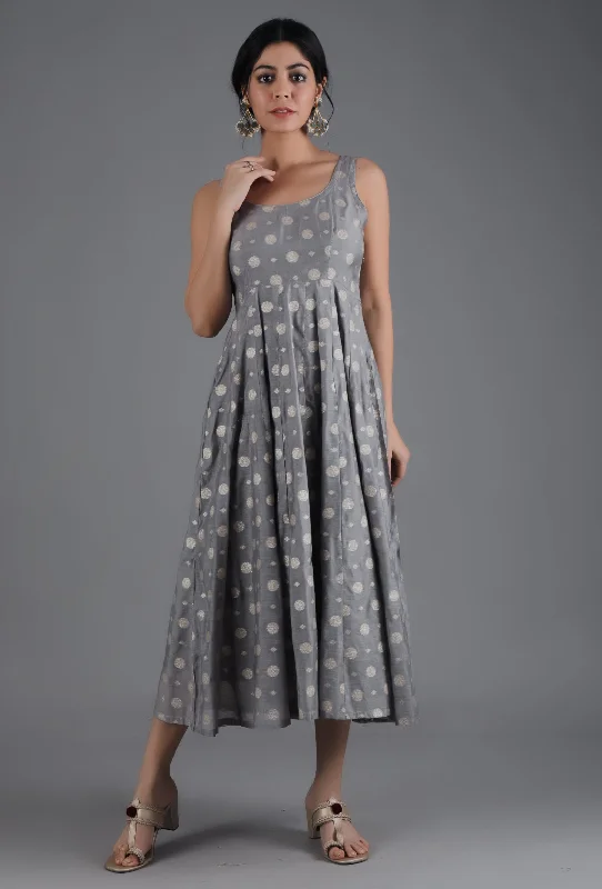 Metal Grey Chanderi Jacquard Sleeveless Dress