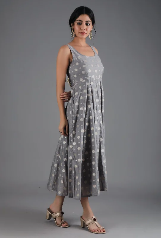 Metal Grey Chanderi Jacquard Sleeveless Dress