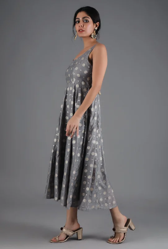 Metal Grey Chanderi Jacquard Sleeveless Dress