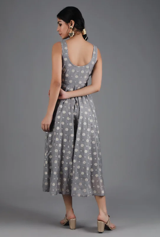 Metal Grey Chanderi Jacquard Sleeveless Dress