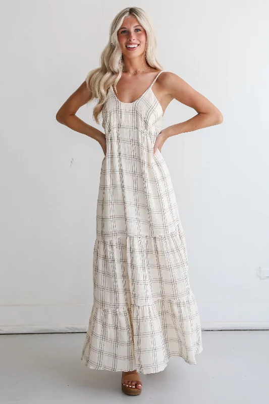 Playful Vibes Grey Plaid Linen Maxi Dress