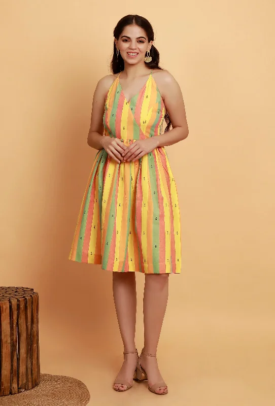 Yellow Multicolor Flared Sleeveless Woven Dress