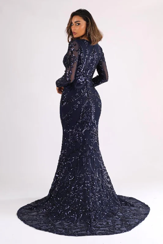 AMANI Long Sleeve Sequin Gown - Navy