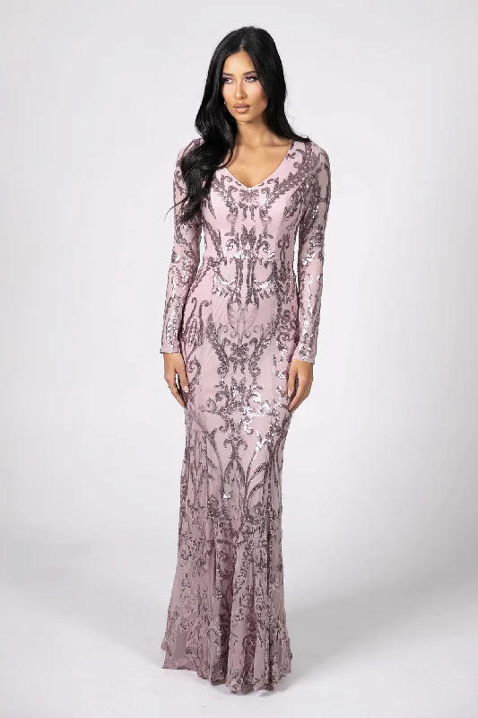 Amelia Long-Sleeve Pattern Sequin Gown - Pink