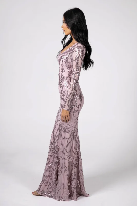 Amelia Long-Sleeve Pattern Sequin Gown - Pink