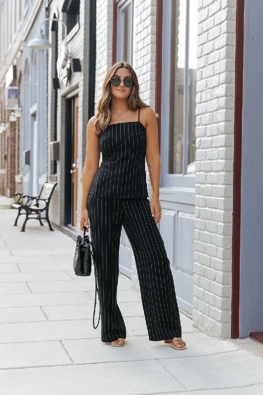 Black Pinstripe Low Rise Linen Pants