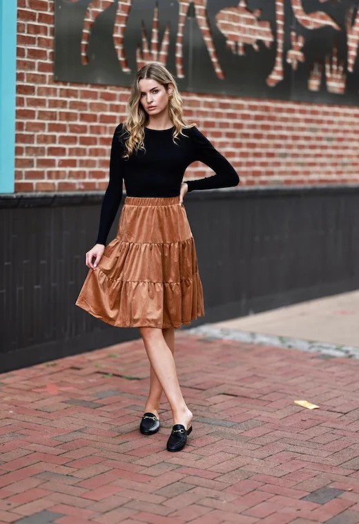 Bliss Tiered Corduroy Skirt Rust