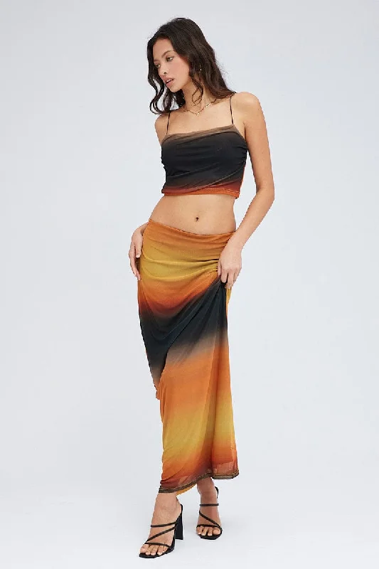 Brown Abstract Maxi Skirt Pencil High Rise Mesh