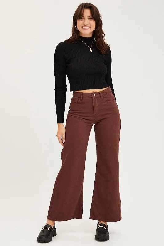 Brown Flare Denim Jeans High Rise