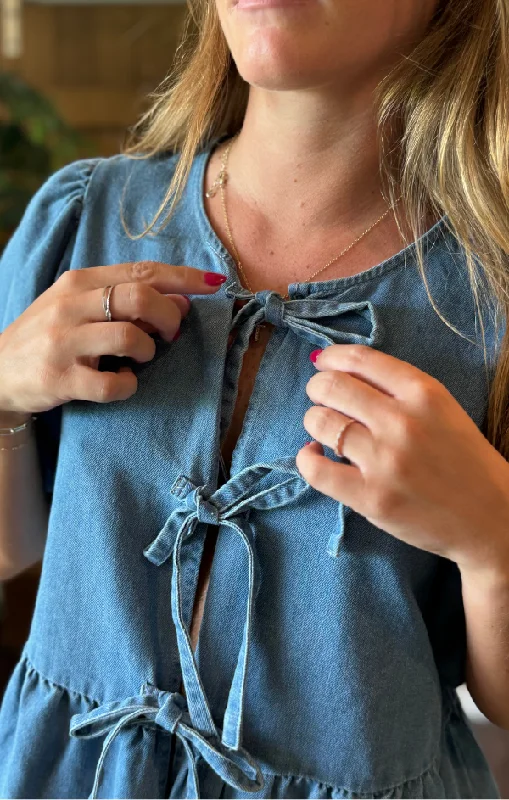 Denim Front Bow Tie Peplum Blouse