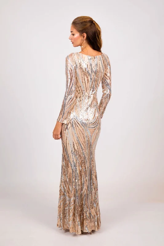 Evangeline Pattern Sequin Gown - Champagne