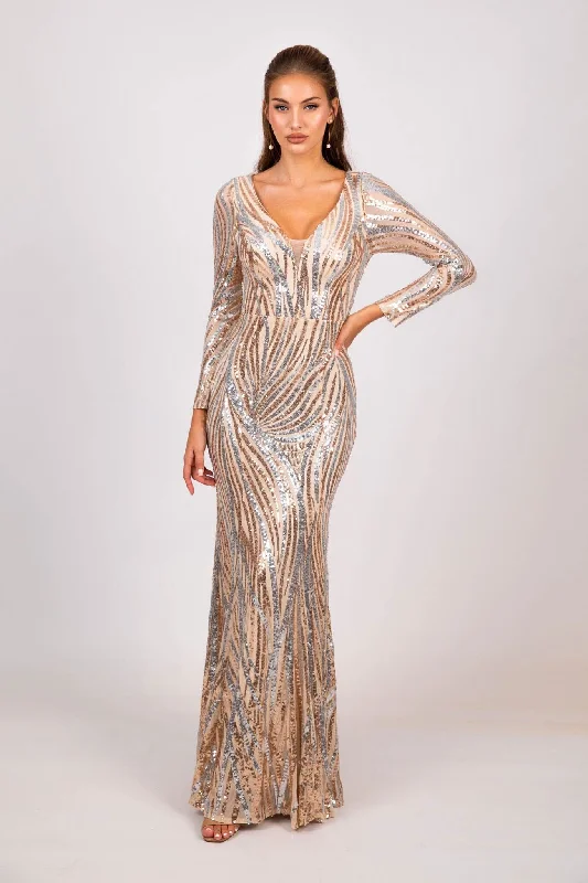 Evangeline Pattern Sequin Gown - Champagne