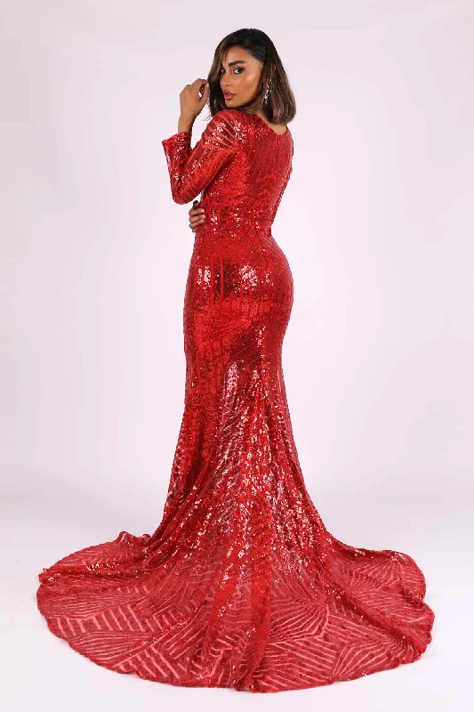 Georgia Long Sleeve Sequin Gown - Red (S - Clearance Sale)