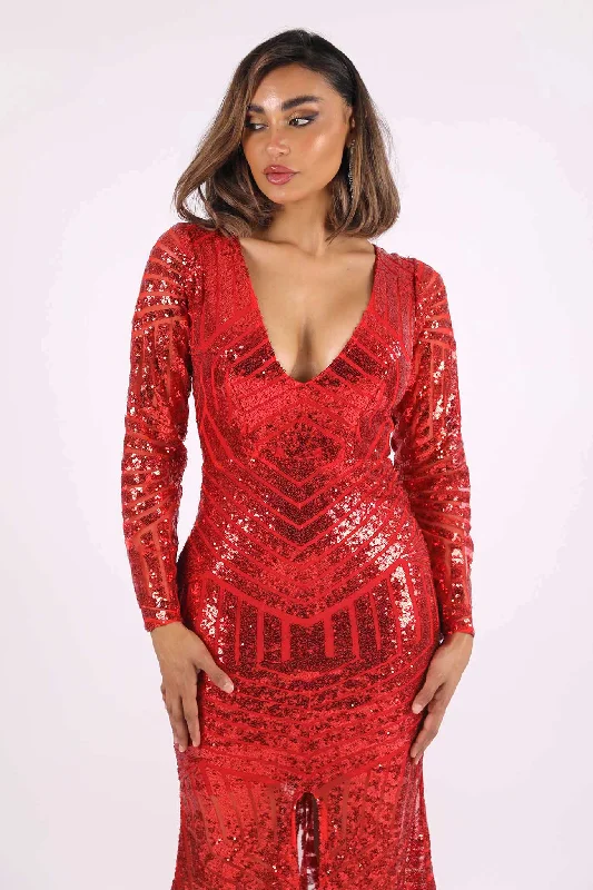 Georgia Long Sleeve Sequin Gown - Red (S - Clearance Sale)