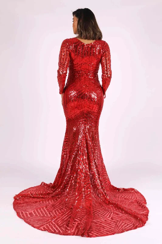 Georgia Long Sleeve Sequin Gown - Red (S - Clearance Sale)