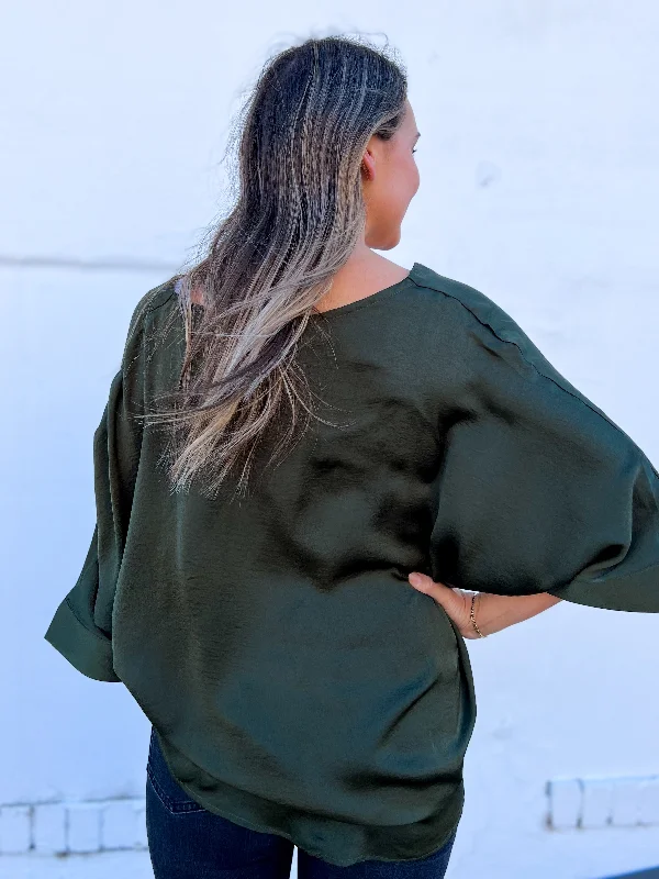 Glam: V-Neck Wide Sleeve Satin Top in Olive GT7213