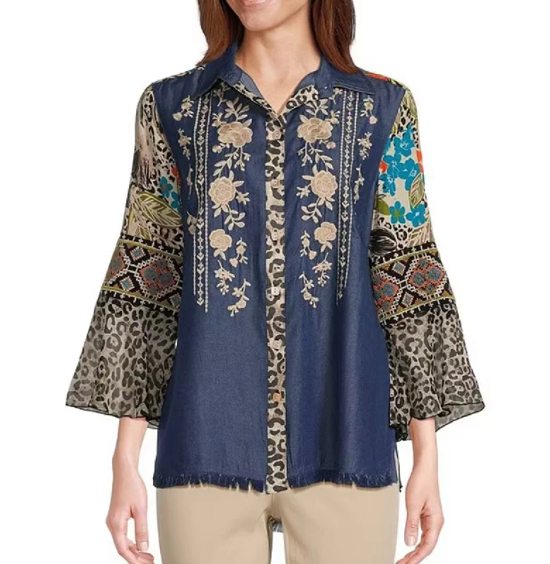 John Mark: Embroidered Button Front Top with Mix Floral Print Flounce Sleeves