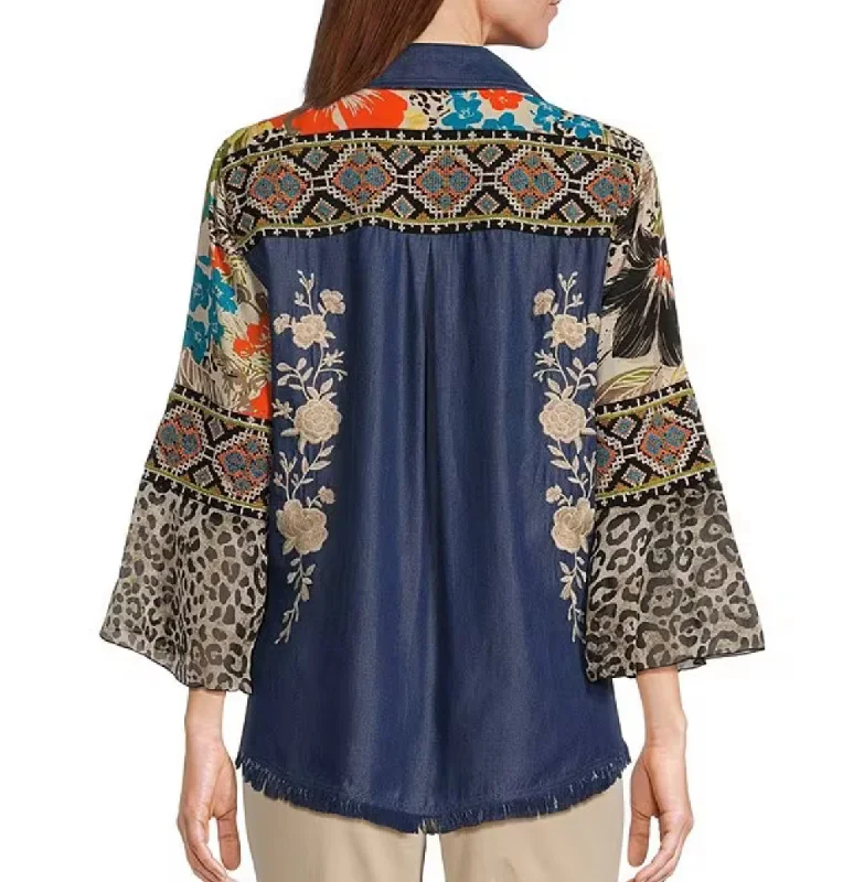 John Mark: Embroidered Button Front Top with Mix Floral Print Flounce Sleeves