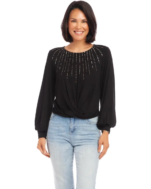 Karen Kane: Printed Drape Front Top in Black