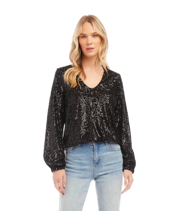 Karen Kane: Sequin Long Sleeve Top in Black