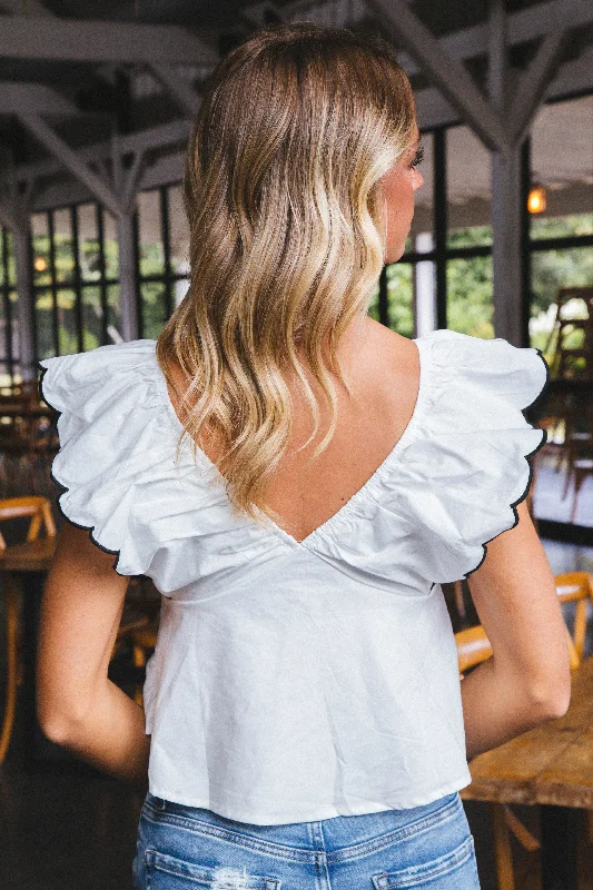 Kaya Ruffle Shoulder Bow Front Top, White