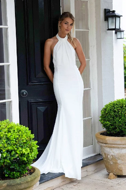 LILIAN High Neck Backless Satin Gown - Ivory