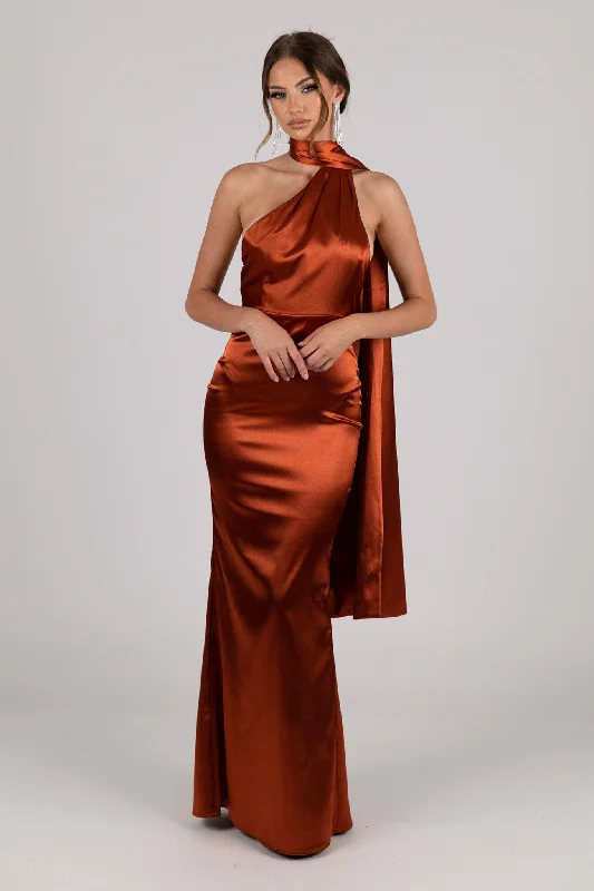 MARGOT Scarf Neck Satin Maxi Dress - Burnt Orange