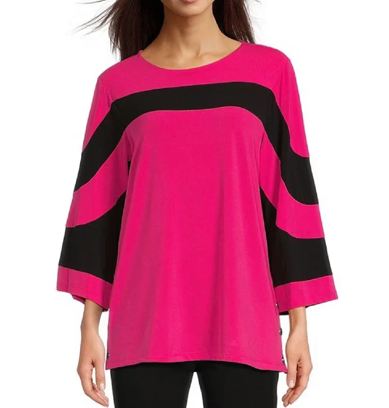 Multiples: 3/4 Sleeve Scoop Neck Color Block Top in Bright Fuchsia - M1411TM