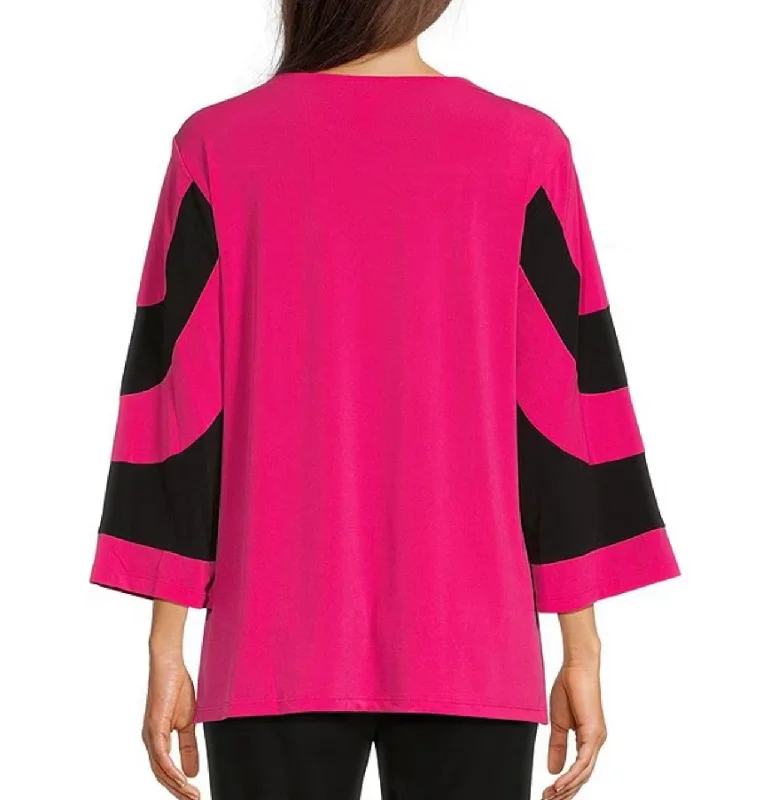 Multiples: 3/4 Sleeve Scoop Neck Color Block Top in Bright Fuchsia - M1411TM