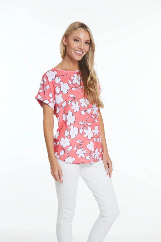 Multiples: Cuffed Short Sleeve Dolman Faux Button Back Hi-Lo Print Slub Knit Top in M24104TM