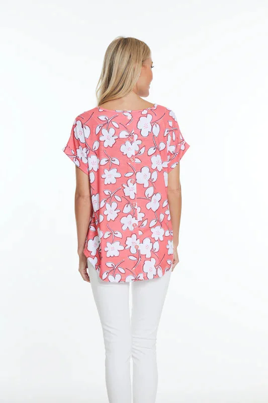 Multiples: Cuffed Short Sleeve Dolman Faux Button Back Hi-Lo Print Slub Knit Top in M24104TM