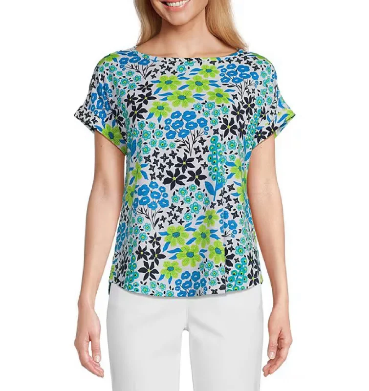 Multiples: Short Sleeve Dolman Faux Button Back Hi-Lo Print Slub Knit Top in Multi Floral M24104TM