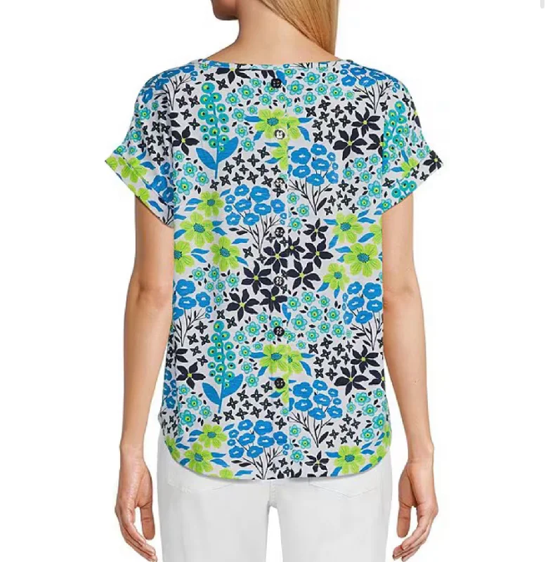 Multiples: Short Sleeve Dolman Faux Button Back Hi-Lo Print Slub Knit Top in Multi Floral M24104TM