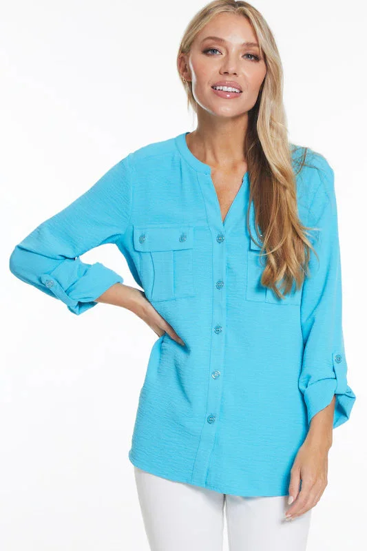 Multiples: 3/4 Sleeve Band Collar Button Crinkle Woven Shirt in Ocean M24106BM