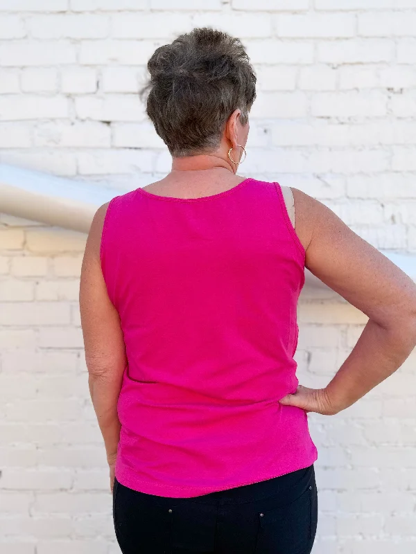 Multiples: Double Scoop Neck Solid Knit Tank Top in Bright Fuchsia - M14105TM