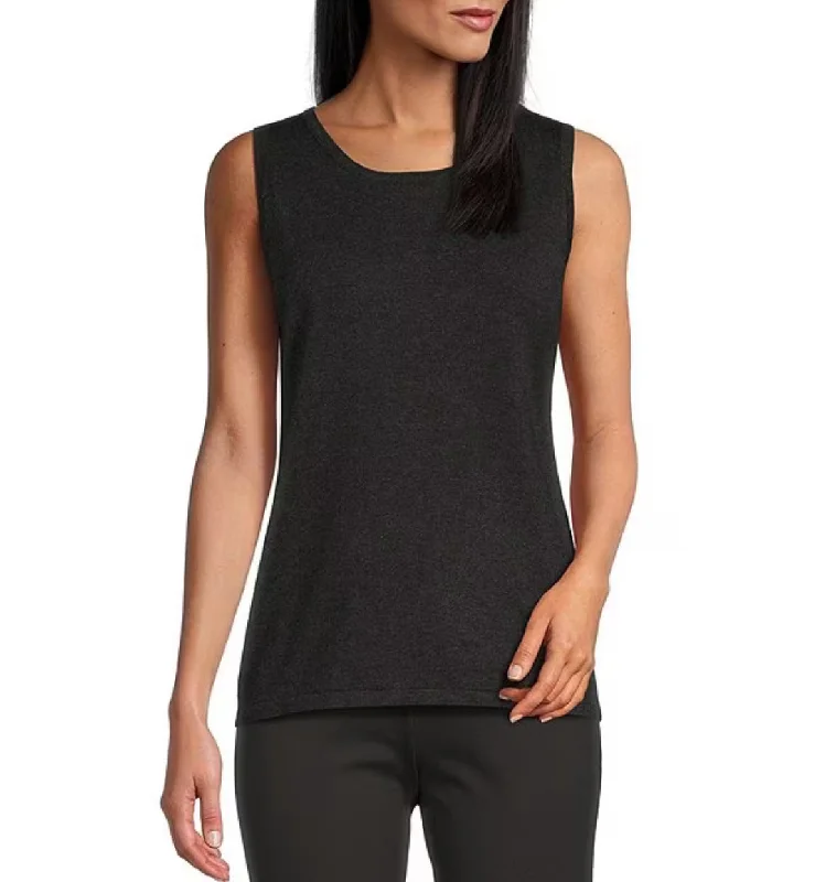 Multiples: Jewel Neck Solid Sweater Knit Tank Top in Heather Grey