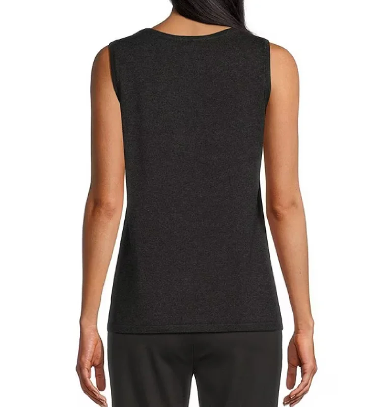 Multiples: Jewel Neck Solid Sweater Knit Tank Top in Heather Grey