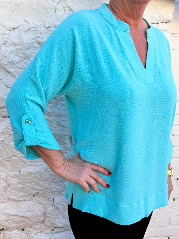 Multiples: Aqua Cuffed Dolman Sleeve Y-Neck Band Collar - M14108TM