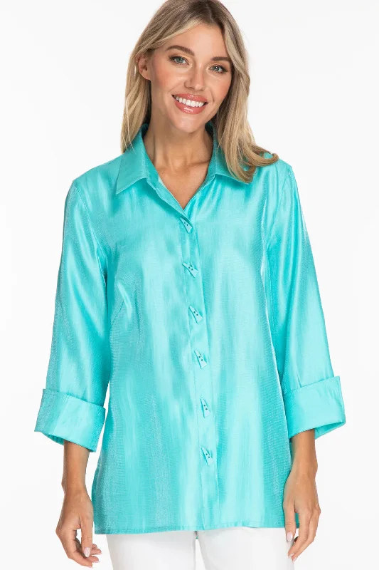 Multiples: 3/4 Sleeve Button Front Shimmer Shirt in Aqua - M14102BM