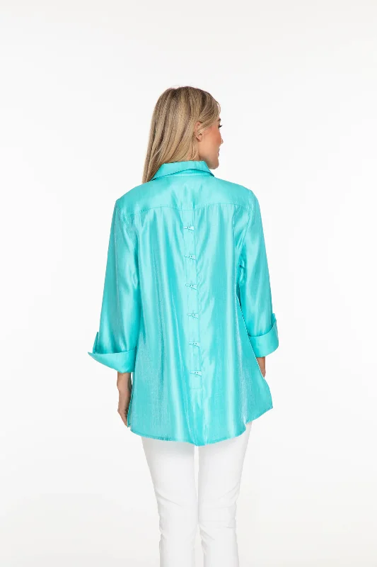 Multiples: 3/4 Sleeve Button Front Shimmer Shirt in Aqua - M14102BM