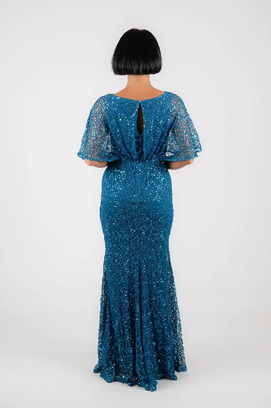 Opal Butterfly-Sleeve Sequin Maxi Dress - Teal